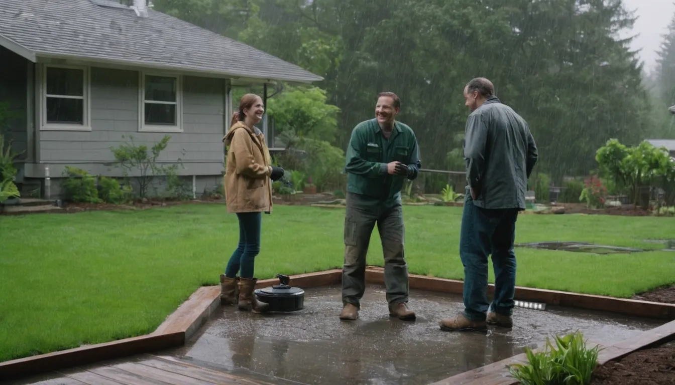 A friendly septic provider explaining an inspection to a homeowner beside a yard in Bothell
